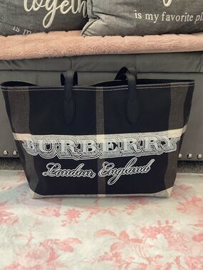 Burberry Black and Brown Canvas London England Logo Tote